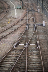 Fototapeta na wymiar Closeup of railways crossing in the train station on top view
