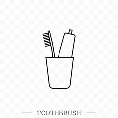 Vector line icon of toothbrush and a tube of toothpaste in glass. Toothbrush icon vector. Teeth cleaning. Line, linear with editable stroke. Dental toothbrush icon. dental  toothbrush vector. 