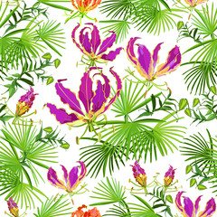 Fototapeta na wymiar Summer colorful hawaiian seamless pattern with tropical plants and Gloriosa flowers, white background vector illustration white background