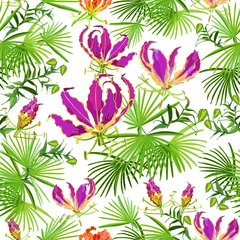 Foto auf Acrylglas Summer colorful hawaiian seamless pattern with tropical plants and Gloriosa flowers, white background vector illustration white background © Анастасия Яркова