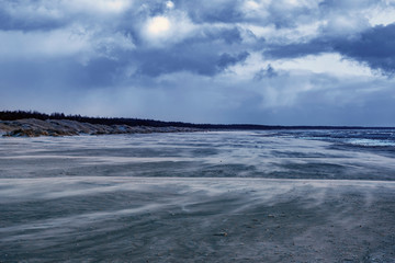 Wind blow sand on Baltic sea beach.