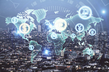 Forex chart on cityscape with skyscrapers wallpaper double exposure. Financial research concept.