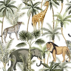 Wall murals African animals Vintage palm tree, lion, leopard, african elephant, giraffe animal floral seamless pattern white background. Exotic safari wallpaper.