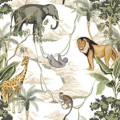Wall murals African animals Vintage banana tree, palm tree, lion, monkey, indian elephant, giraffe animal, mountain floral seamless pattern white background. Exotic safari wallpaper.