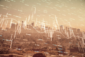 Forex chart on cityscape with skyscrapers wallpaper multi exposure. Financial research concept.