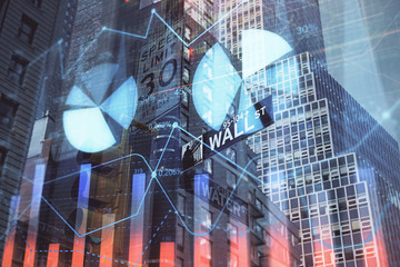 Forex chart on cityscape with tall buildings background multi exposure. Financial research concept.