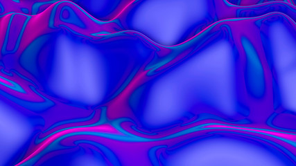 Blue wavy abstract background with neon reflections. 3d render illustration