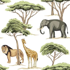 Foto op Plexiglas Tropische print Vintage boom, leeuw, Indische olifant, giraffe dier naadloze bloemmotief witte achtergrond. Exotisch safaribehang.