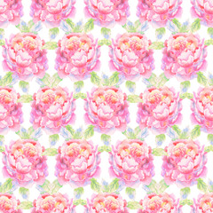 Seamless watercolor pattern in pastel colors. Delicate pink peonies on a white background.