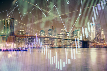 Financial chart on city scape with tall buildings background multi exposure. Analysis concept.