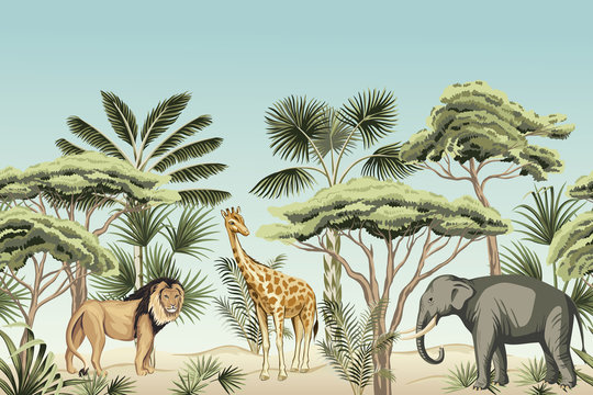 Vintage tree, palm tree, plant, lion, indian elephant, giraffe animal floral seamless border blue background. Exotic safari wallpaper. © good_mood