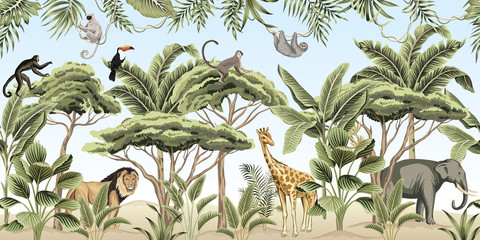 Vintage tree, palm tree, banana tree, plant, lion, indian elephant, giraffe, lion, monkey, sloth, toucan animal floral border blue background. Exotic safari wallpaper. - obrazy, fototapety, plakaty