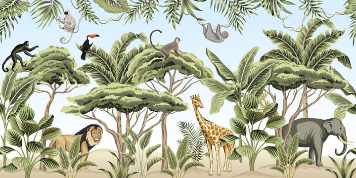 Vintage tree, palm tree, banana tree, plant, lion, indian elephant, giraffe, lion, monkey, sloth, toucan animal floral border blue background. Exotic safari wallpaper. © good_mood
