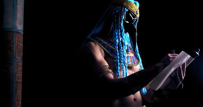 Ancient egyptian god Thoth is writing a scroll, deity of ancient Egypt, 4k