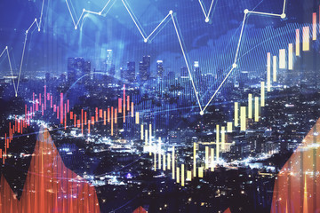 Financial graph on night city scape with tall buildings background multi exposure. Analysis concept.