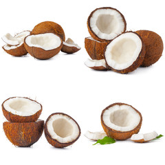 Fototapeta na wymiar Collage of broken coconut pieces isolated on white background