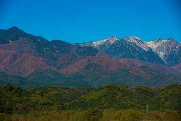 Fototapeta na wymiar 冠雪した中央アルプスの山脈と紅葉