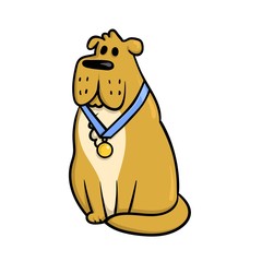 Cute cartoon champion dog with gold medal on the neck. Champion with award on a collar. Flat vector illustration isolated on white background.
