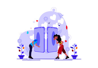 Love in Technology. Young happy couple using mobile phone to connect, feelings sweet thoughts delivering through phone. Vector illustration.