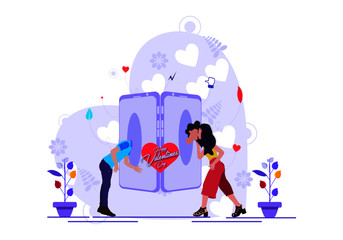Love in Technology. Young happy couple using mobile phone to connect, feelings sweet thoughts delivering through phone. Vector illustration.