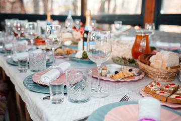 cold appetizers on a table in a restaurant. Side view