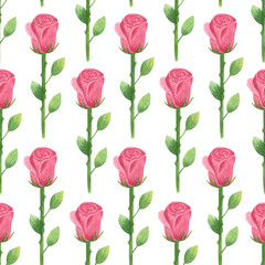 Seamless floral pattern. Valentine’s day watercolor background. Hand drawn pink roses, cartoon character, isolated objects on white background.