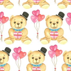 Gordijnen Naadloze patroon. Valentijnsdag aquarel achtergrond. Hand getekende teddyberen met hartvormige cadeautjes en ballonnen, stripfiguur, geïsoleerde objecten op witte achtergrond.. © Наiра Кобзар