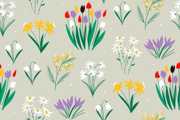 Spring colorful pattern on a green background with flowers. Trendy hand drawn textures.Cute summer background with flowers and leaves. Modern abstract design for,paper, cover, fabric and other users
