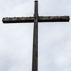 Close vie on Summit Cross of Mount Osterfeuerkopf, 1368m in Bavarian Prealps, Ostalpen, near Eschenlohe, Upper Bavaria, Germany