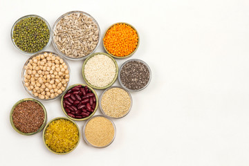Obraz na płótnie Canvas Food sources of vegetable fats. Legume grain groats seed.