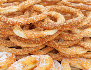 "koulouri" traditional greek crispy round bagels with sesame close up