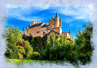 View of the medieval castle Alcazar, Segovia, Spain - vintage painted style illustration series