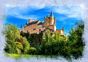 Obraz premium View of the medieval castle Alcazar, Segovia, Spain - vintage painted style illustration series