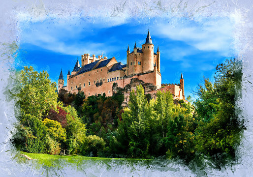 View of the medieval castle Alcazar, Segovia, Spain - vintage painted style illustration series