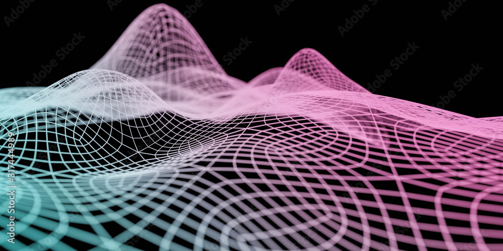 Poster data technology abstract futuristic cyan and magenta low poly shape glowing wire mesh surface on dar
