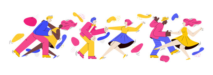 Banner template with dancing couples, trendy cartoon vector illustration isolated.