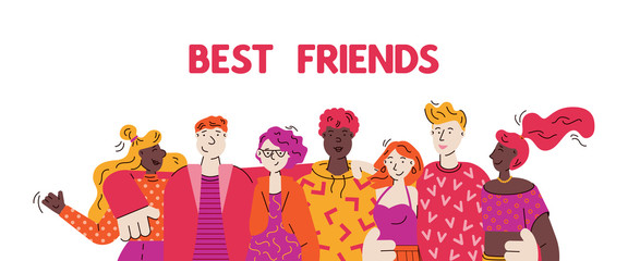 Best friends concept with people hugging, cartoon vector illustration isolated.
