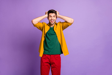 Wonderful summer bargain concept. Astonished funky crazy guy hear incredible novelty shout yell...
