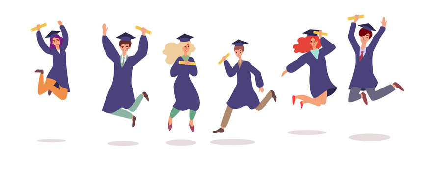 Cartoon students in graduation cap and gown jumping in air - isolated set