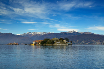 Fototapeta na wymiar Borromean Islands and Mountain on Alpine Lake Maggiore in Piedmont, Italy.