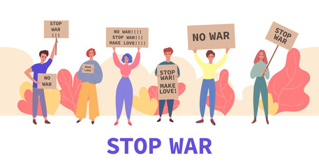 Stop war demonstration banner - young cartoon people holding protest signs
