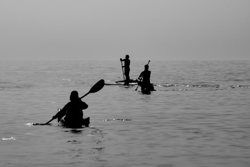 back light making silhouettes of people doing kayaking and surf