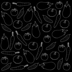 Seamless pattern with white vegetables on black background. Endless background for your design. Cucumber, tomato, carrot, eggplant, bush pumpkin. Vector image.