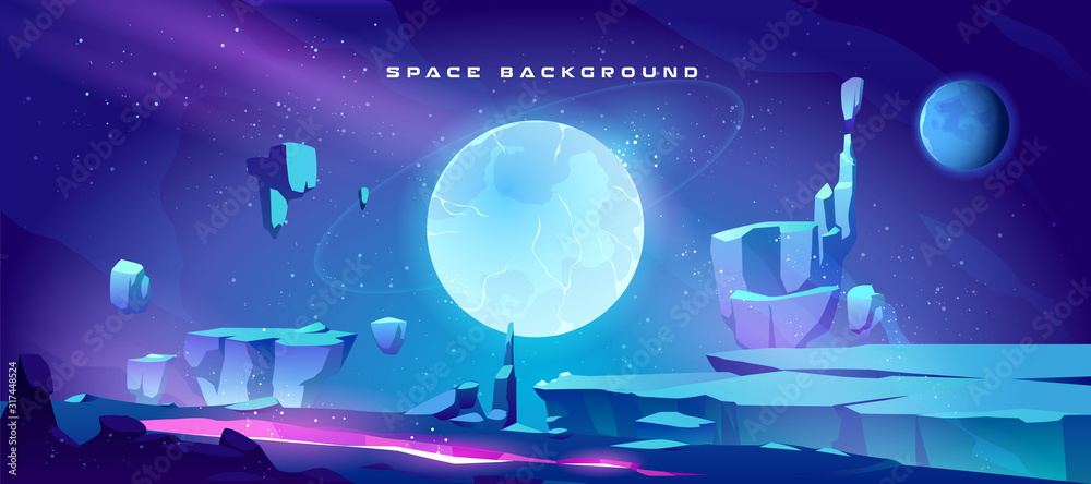 Wall mural space background with landscape of alien planet with craters and lighted crack. vector cartoon fanta