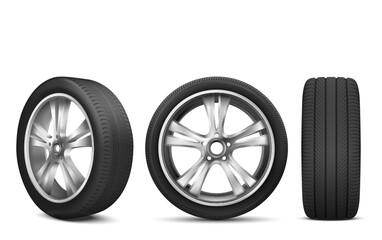 Sport car wheel with japanese steel disk isolated on white background front and side view. Realistic 3d icon of modern black rubber tire for advertising of automobile service, rally