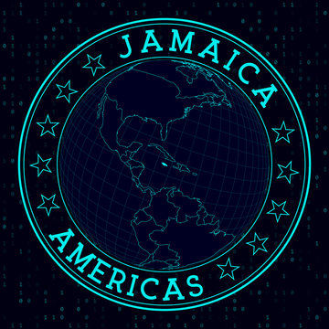 Jamaica round sign. Futuristic satelite view of the world centered to Jamaica. Country badge with map, round text and binary background. Elegant vector illustration.