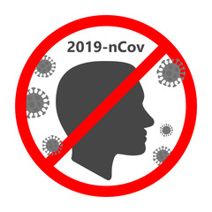 MERS-Cov , Novel coronavirus (2019-nCoV), flat person head without hygienic medical mask and symbols of the virus around it  is crossed out with red STOP sign