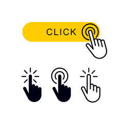 Finger clicks on yellow button and set hand pointer or mouse cursor choosing linear icon symbol