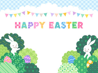イースターのイラストセット　緑の茂みから顔を出す白うさぎとカラフルなエッグ