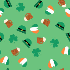 Seamless pattern for Saint Patrick s Day. Leprechaun s hat, beer, shamrock and heart in irish flag colors. Background for web or wrapping